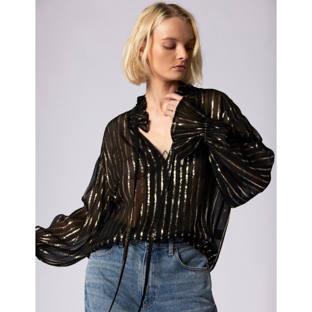 Equipment Femme Farah Black Gold Metallic Stripe Long Sleeve Top Size XXS Ruffle